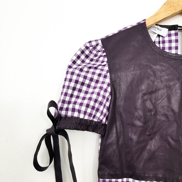 Vintage Yves Saint Laurent Purple Gingham Plaiand Leather Tie Shoulder Blouse XS - Picture 3 of 11